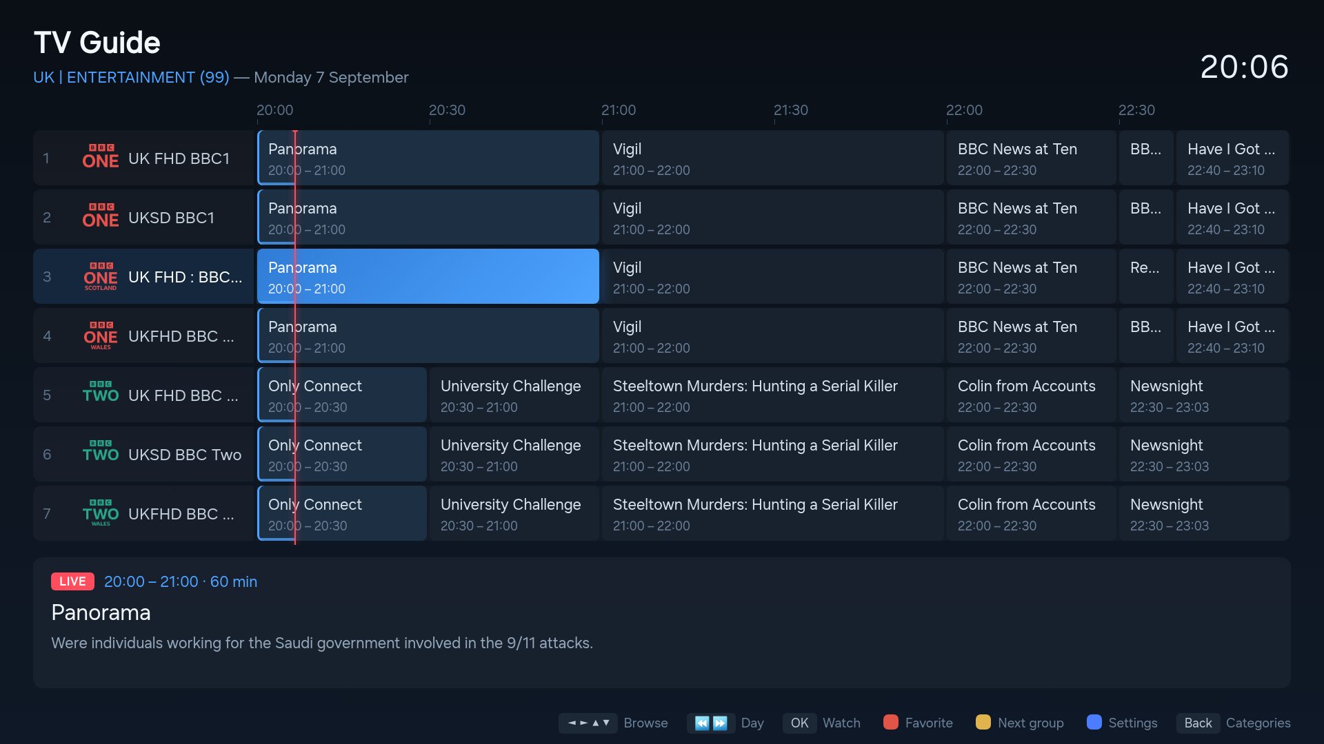 TV guide with live now-line and programme details