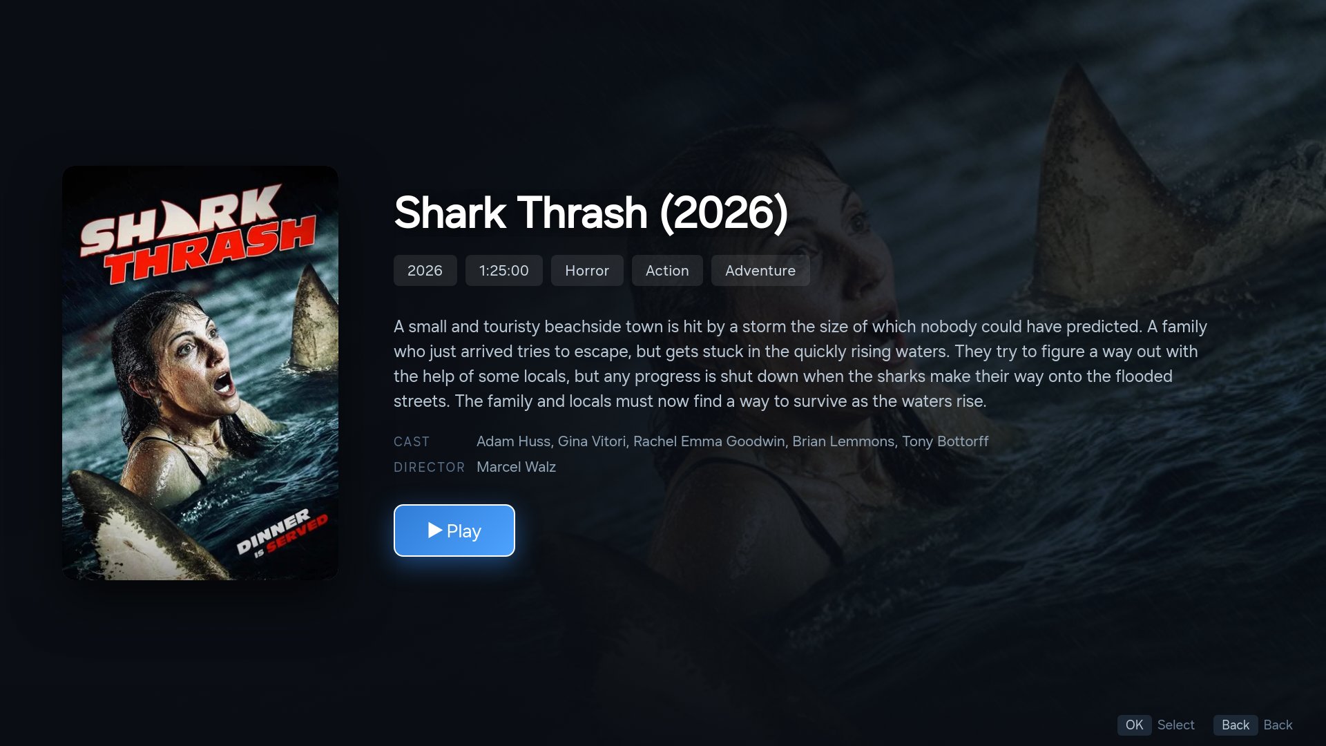 Movie page with backdrop, plot, cast and resume